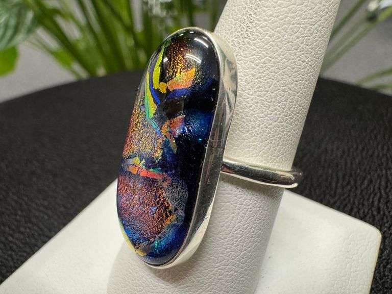 Sterling Silver 925 One of a Kind Dichroic Glass Ring Size 8.5