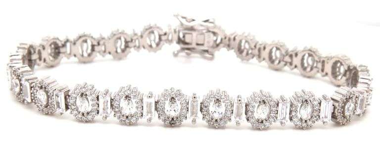 925 Sterling silver oval and baguette cubic zirconia link bracelet