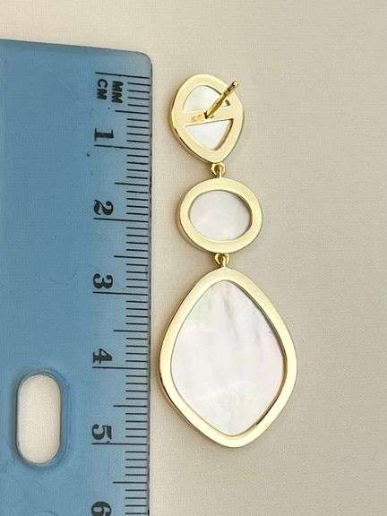 925 Gold Tone Sterling Silver  Mother of Pear; Three Drop Earrings