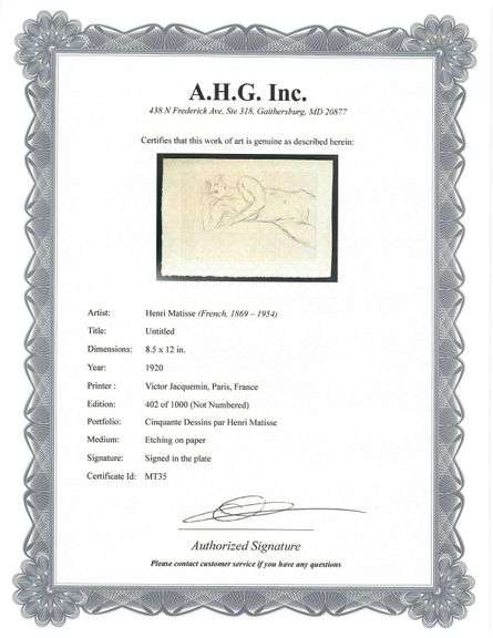 Very rare Henri Matisse etching signed in the plate, C.1920, from the series of Cinquante Dessins