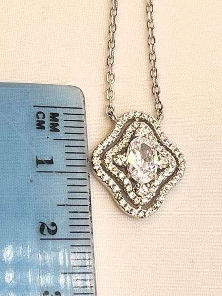 925 Sterling Silver Oval Shape Center Crystal Pendant With Doble Halo Design Necklace
