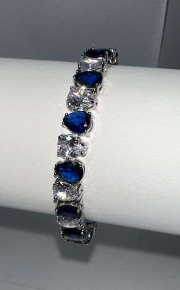 18 Kt White Gold Plated Huge 32.5 Ctw Simulated Midnight Blue Sapphire and Diamond Tennis Bracelet