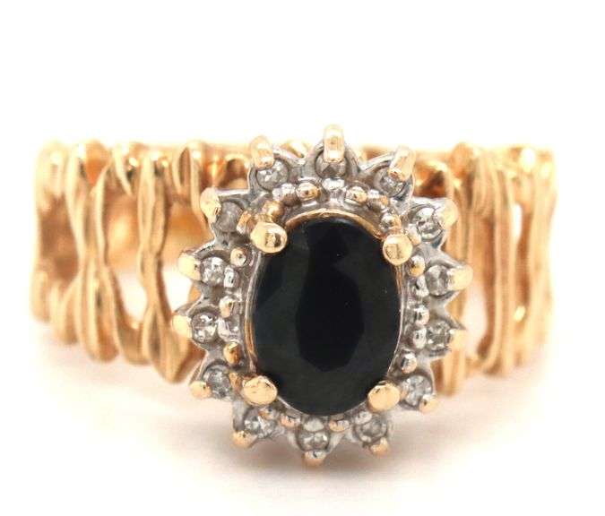 14kt Yellow gold blue sapphire and diamond ring