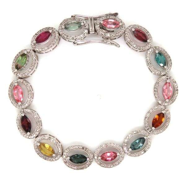 Darling 7.4CTW Oval Marquise-Cut Multi-Color Tourmaline Gemstone & Diamond Bracelet in 14K White Gol