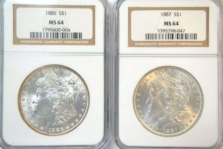 Impressive virtual Gem BU 1886 & 1887 Morgan Silver Dollars. NGC MS64
