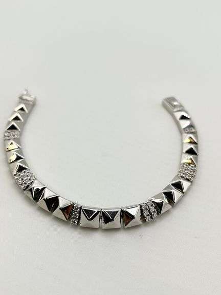 925 Sterling Silver Alternative Polished Pyramid link With Crystal Pave Bracelet