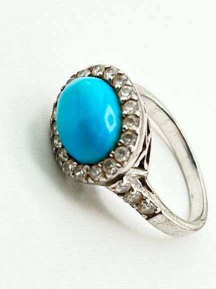 925 Sterling Silver Oval Turquoise With CZ Halo Ring