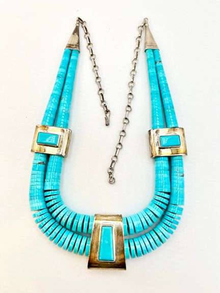 925 Native American Sterling Silver Turquoise tab And Heishi Necklace