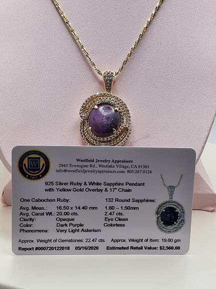 Extremely fine quality one Cabochon Ruby and Sapphire pendent in silver, GGA certfied