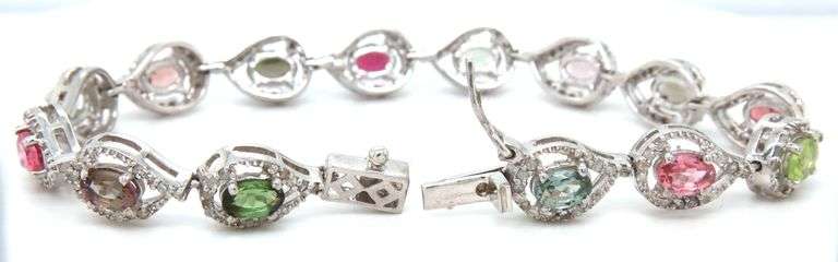 Darling 6.08CTW Oval Faceted Multi-Colored Tourmaline & Diamond Bracelet in 14K White Gold Over Ster