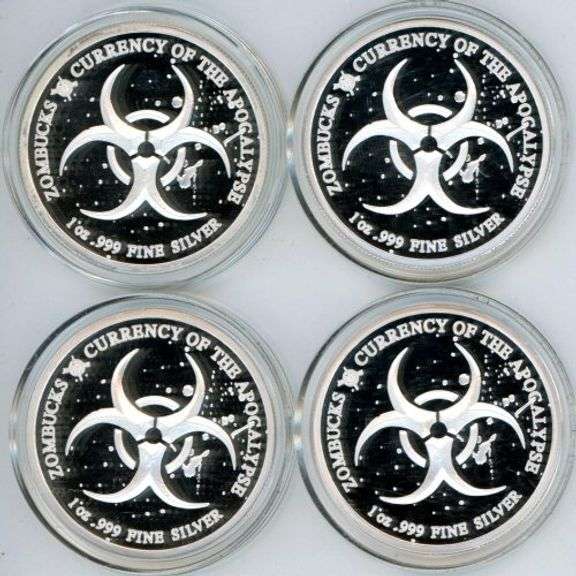 4 Diff. 'Zombucks Currency of the Apocalypse' 1 Troy Oz .999 Fine Silvers in capsules