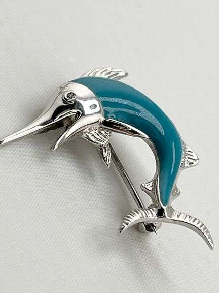 14KT White Gold Le Vian Blue Enamel Sworfish Brooch