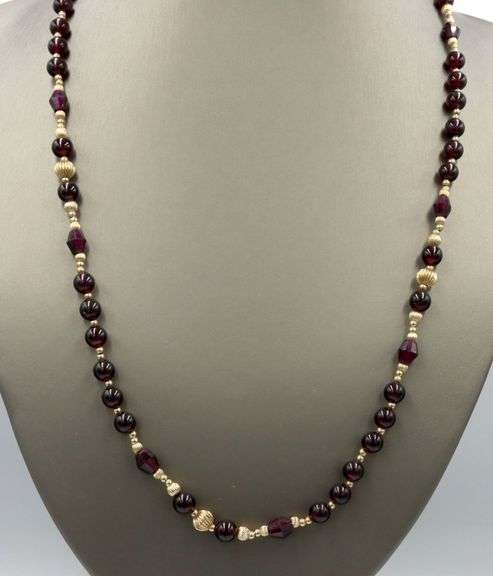Garnet bead and gold ball beaded necklace in 14kt yellow gold