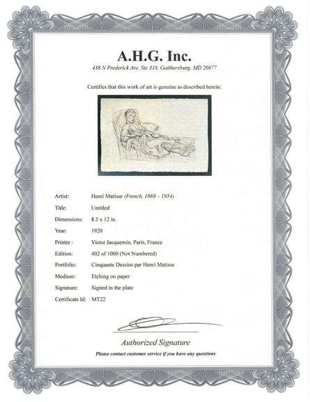 Very rare Henri Matisse etching signed in the plate, C.1920, from the series of Cinquante Dessins