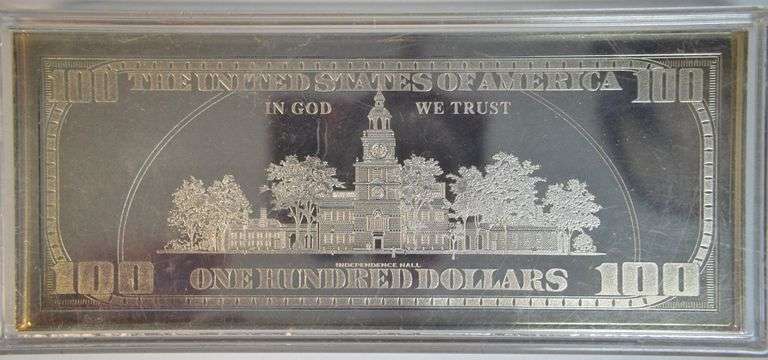 Special $100 Bill 4 Troy Oz facsimile bar in pure .999 fine silver