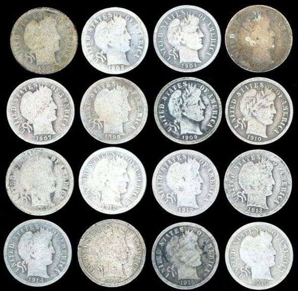 16 Different Barber Silver Dimes: 1892 to 1916