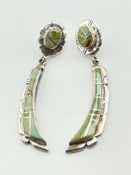 925 Sterling Silver Native American Navajo Drop Green Turquoise Earrings