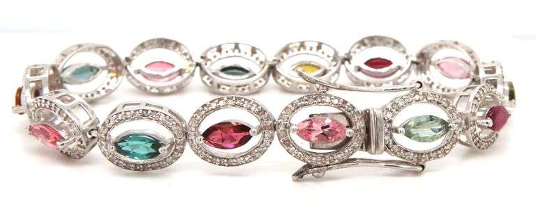 Darling 7.4CTW Oval Marquise-Cut Multi-Color Tourmaline Gemstone & Diamond Bracelet in 14K White Gol