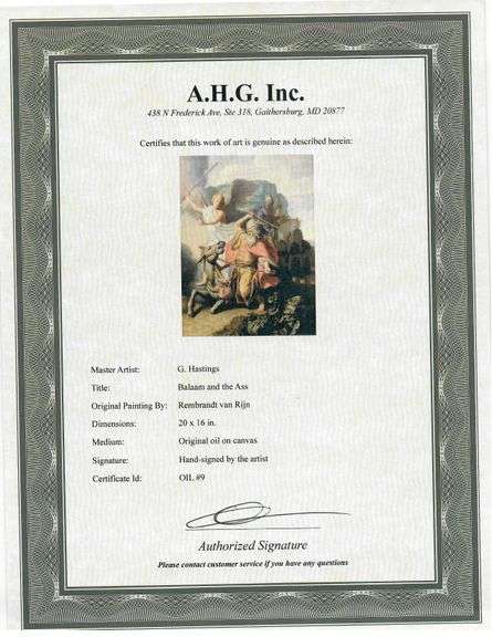 Highly Collectible After Rembrandt van Rijn One of a kind oil on Canvas signed by the artist, Balaam