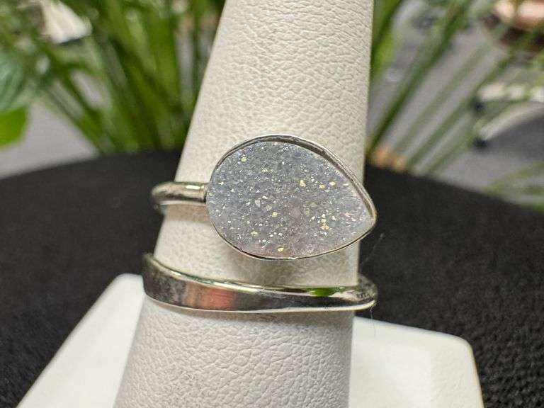 Sterling Silver 925 Titanium Coated Druzy Agate Crystal Stone Ring Adjustable Spoon Band