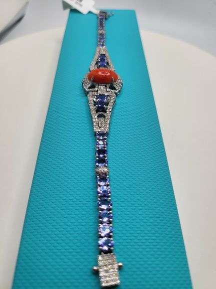 Coral and Tanzanite Silver Bracelet with Diamond Accents