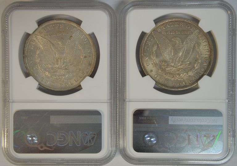 2 Beautiful Gem BU NGC MS65 graded Morgan Silver Dollars: 1884-O & 85-O