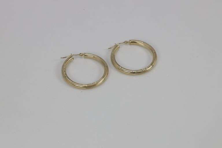 10k Yellow Gold Fancy Diamond Cut Hoop Earrings 30mm