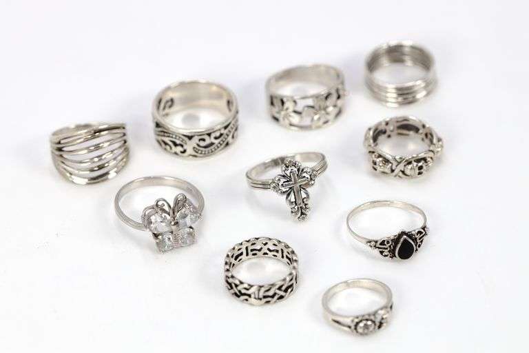 .925 Sterling Silver Curated Ring Lot of 10 Rings Various Sizes & Styles