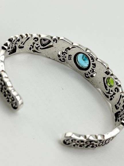 925 Sterling Silver Filigree Design Multi Volor Gemstone Cuff Bracelet