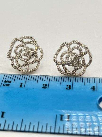 925 Sterling Silver Camelia Flower CZ Stud Earrings