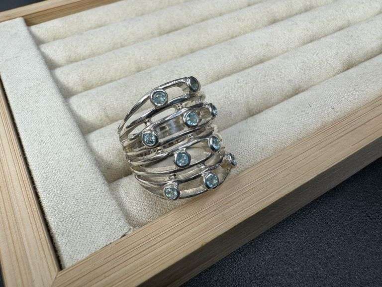 Sterling Silver 925 Natural Gemstone Blue Topaz Cocktail Ring Size 6.5
