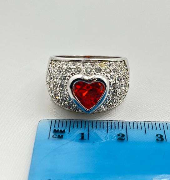 925 Sterling Silver Heart Shape Mandarin Garnet Surrounding With Full CZ Ring.