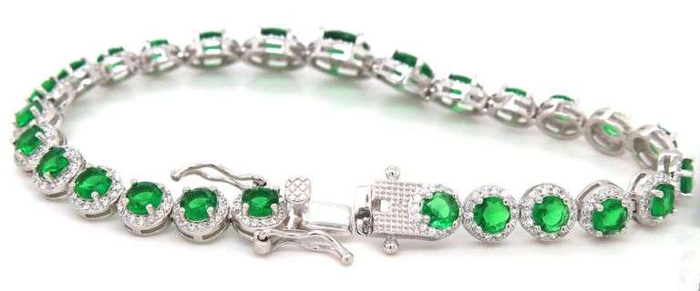925 Sterling silver round green and white cubic zirconia link tennis bracelet
