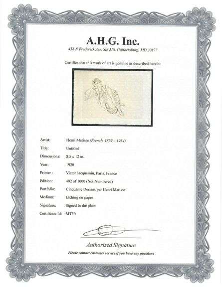 Very rare Henri Matisse etching signed in the plate, C.1920, from the series of Cinquante Dessins