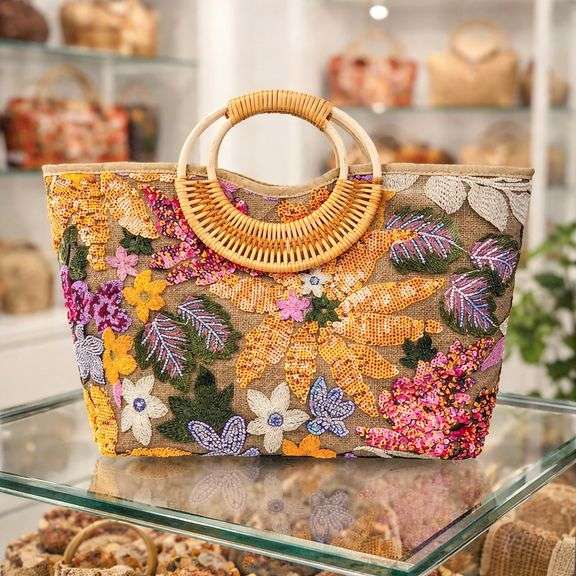 Handmade Sequin Embroidered Tote Rattan Wood Handle