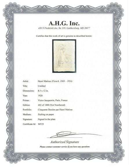 Very rare Henri Matisse etching signed in the plate, C.1920, from the series of Cinquante Dessins