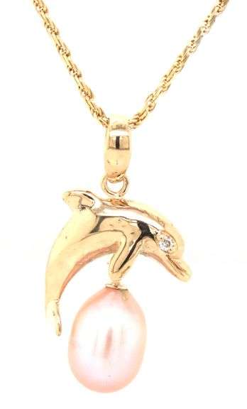 14kt Yellow gold Wyland Dolphine 8mm pink pearl diamond eye pendant on rope chain