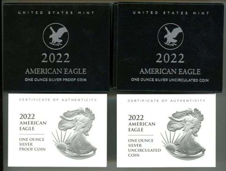Two 2022-W Superb Gem Ultra Cameo Proof $1 Silver Eagles. Box/COA's