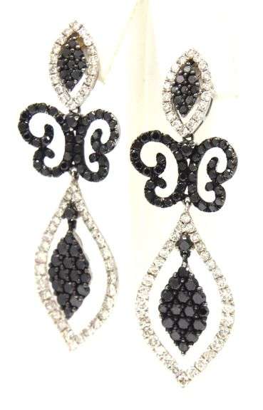 14kt White gold 2ctw black and white diamond dangle earrings