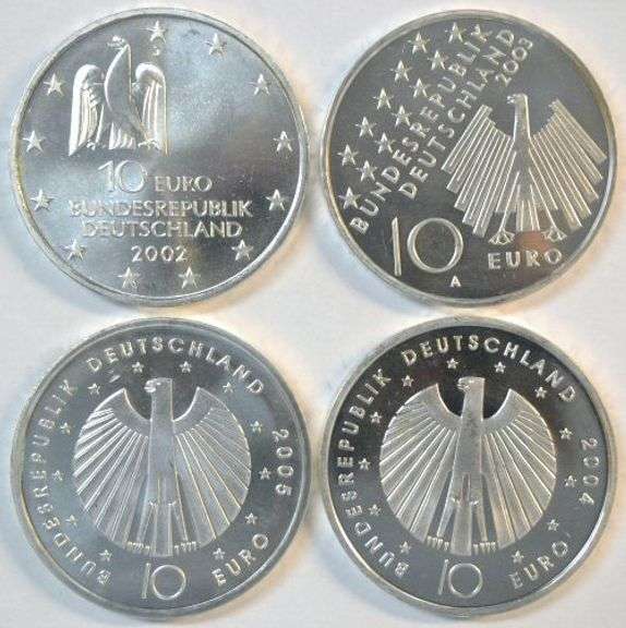4 Diff. Gem Prooflike German 10 Euro SILVER coins 2002 to 2005