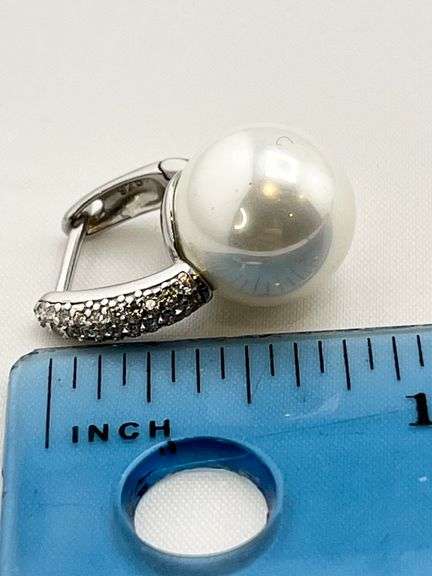 925 Sterling Silver White Pearl And CZ Huggie Hoop Drop Earrings
