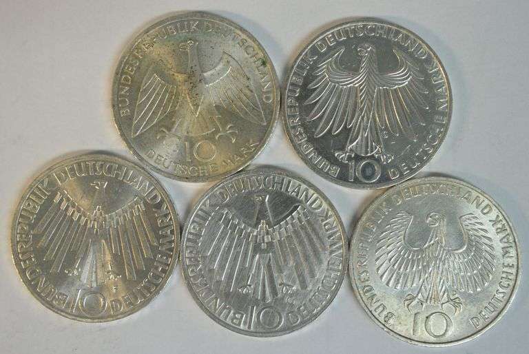 5 Assorted 1972 Germany Olympic SILVER 10 Marks