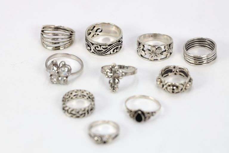 .925 Sterling Silver Curated Ring Lot of 10 Rings Various Sizes & Styles