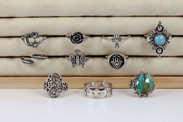 Sterling Silver Curated Ring Assortment Various Sizes & Styles (10 Ring Lot)
