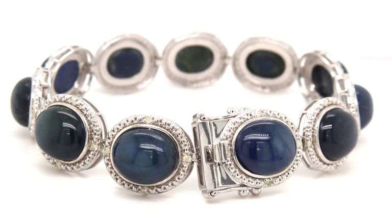 Enamoring 66.06 Oscar Friedman Oval Cabochon-Cut Star Blue Sapphire & Diamond Bracelet in 14K White 