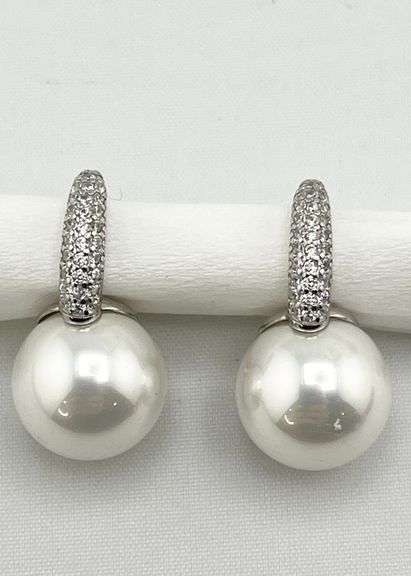 925 Sterling Silver White Pearl And CZ Huggie Hoop Drop Earrings