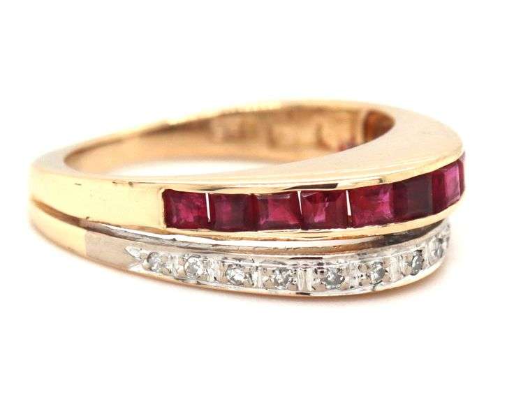 14kt Yellow gold square ruby and diamond 2 row dome ring