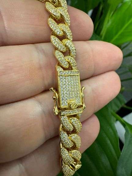 14k Gold Plated 925 Sterling Silver 9.5mm Miami Curb CZ Encrusted Chain New 8"