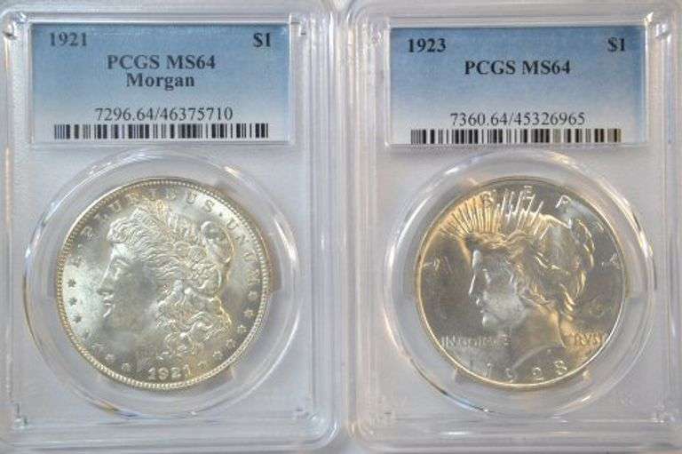 Nearly Gem BU 1921 Morgan & 1923 Peace Silver Dollars. PCGS MS64