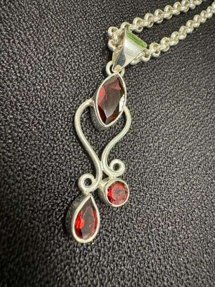 Sterling Silver Garnet Gemstone Pendant w/ 30" Sterling Silver Rolo Chain
